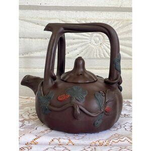Vintage Clay Pumpkin Chinese Yixing Teapot Vines Big Stem Handle Signed